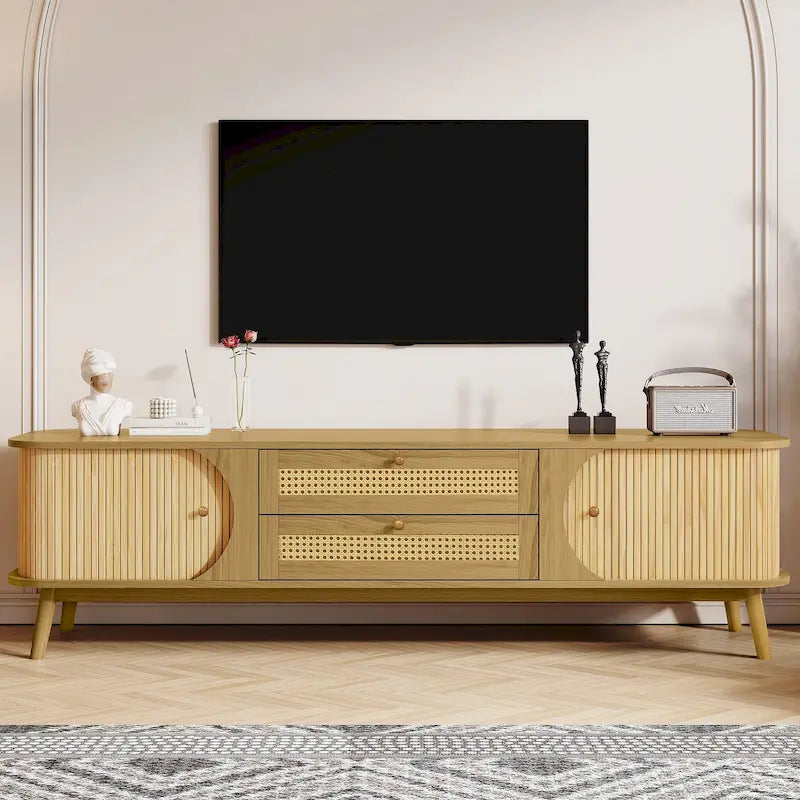 Meuble TV en bois naturel / blanc / rotin marron pour téléviseurs jusqu'à 75 pouces