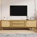 Meuble TV en bois naturel / blanc / rotin marron pour téléviseurs jusqu'à 75 pouces
