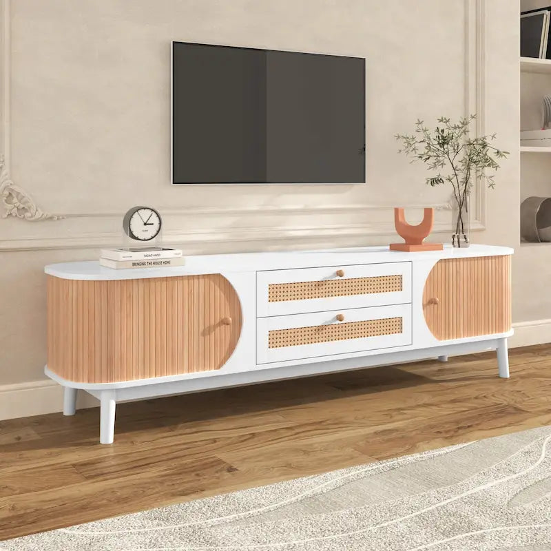 Meuble TV en bois naturel / blanc / rotin marron pour téléviseurs jusqu'à 75 pouces