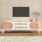 Meuble TV en bois naturel / blanc / rotin marron pour téléviseurs jusqu'à 75 pouces