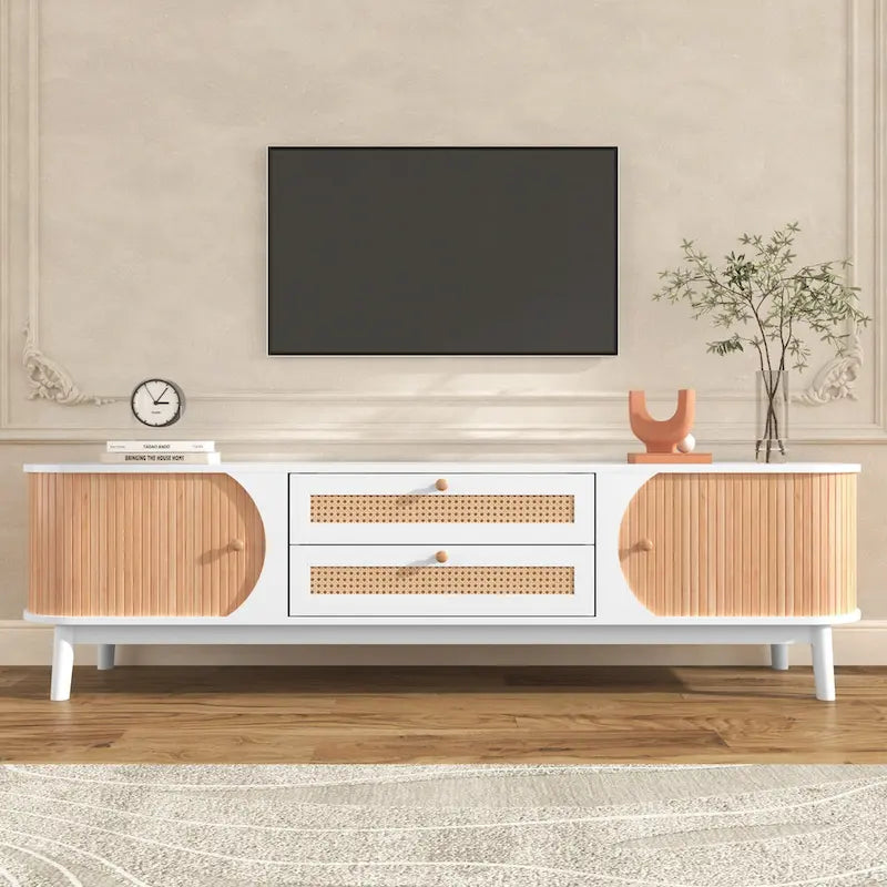 Meuble TV en bois naturel / blanc / rotin marron pour téléviseurs jusqu'à 75 pouces
