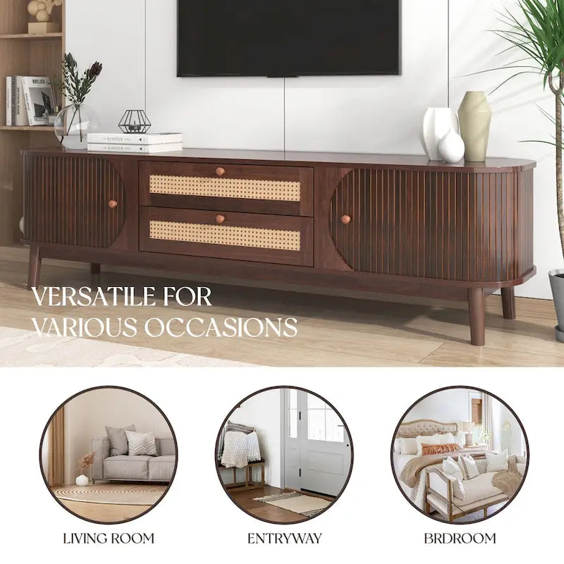 Meuble TV en bois naturel / blanc / rotin marron pour téléviseurs jusqu'à 75 pouces