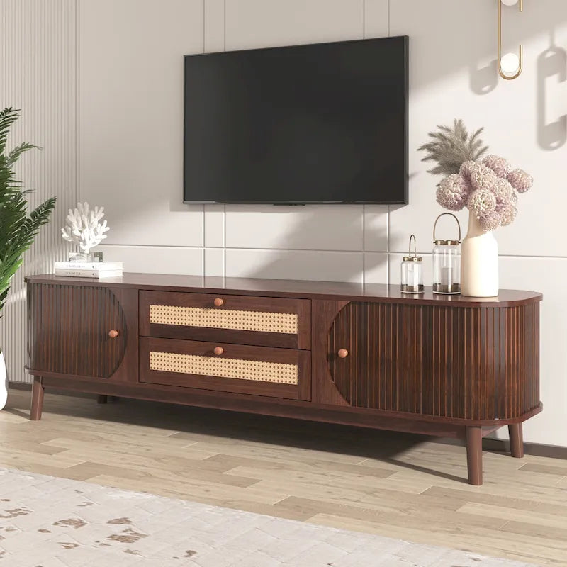 Meuble TV en bois naturel / blanc / rotin marron pour téléviseurs jusqu'à 75 pouces