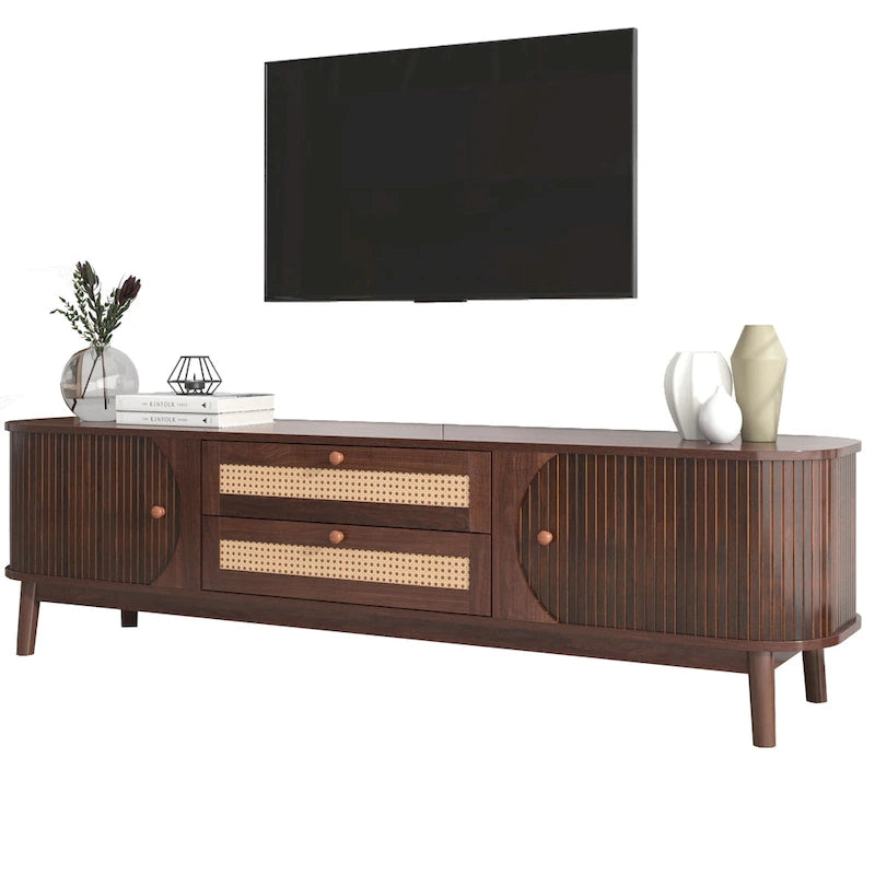 Meuble TV en bois naturel / blanc / rotin marron pour téléviseurs jusqu'à 75 pouces