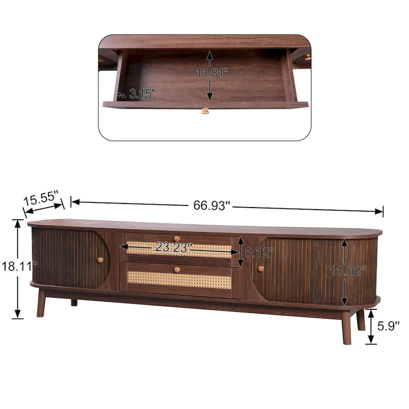 Meuble TV en bois naturel / blanc / rotin marron pour téléviseurs jusqu'à 75 pouces