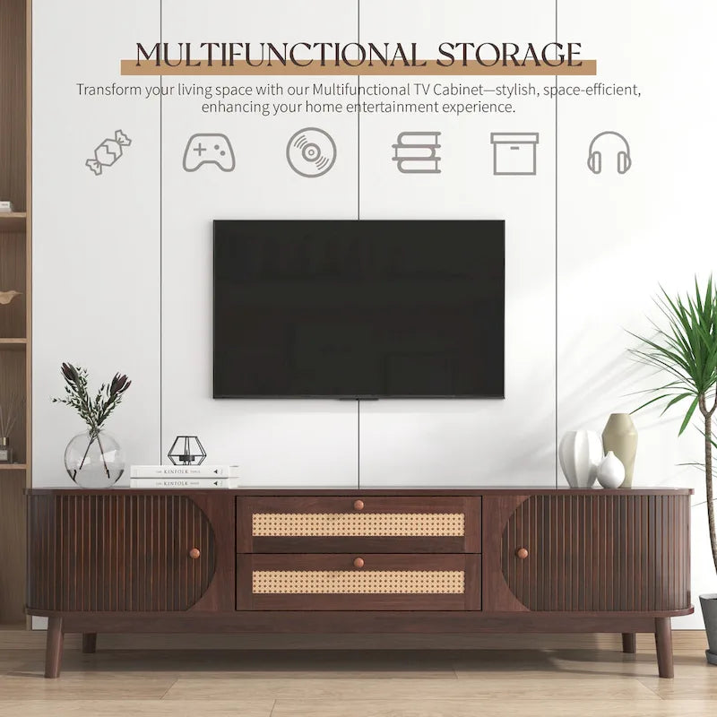 Meuble TV en bois naturel / blanc / rotin marron pour téléviseurs jusqu'à 75 pouces