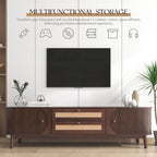Meuble TV en bois naturel / blanc / rotin marron pour téléviseurs jusqu'à 75 pouces