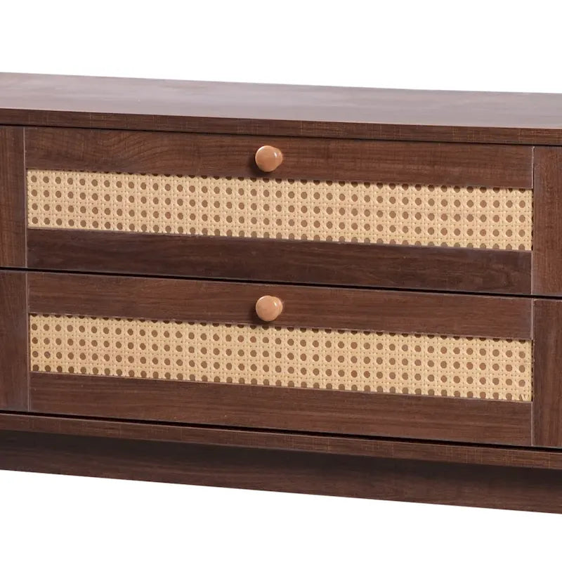 Meuble TV en bois naturel / blanc / rotin marron pour téléviseurs jusqu'à 75 pouces