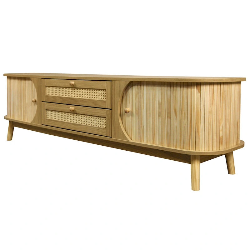 Meuble TV en bois naturel / blanc / rotin marron pour téléviseurs jusqu'à 75 pouces