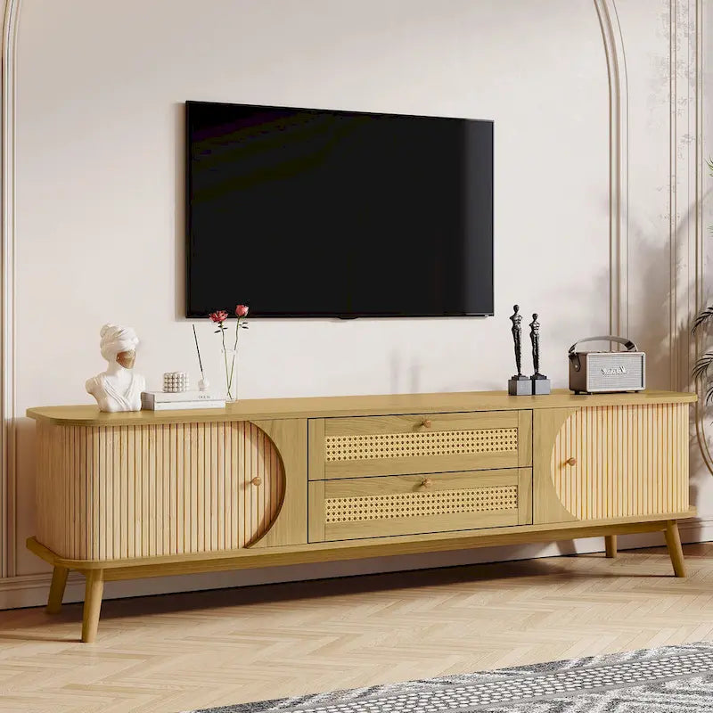 Meuble TV en bois naturel / blanc / rotin marron pour téléviseurs jusqu'à 75 pouces