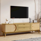 Meuble TV en bois naturel / blanc / rotin marron pour téléviseurs jusqu'à 75 pouces