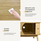 Meuble TV en bois naturel / blanc / rotin marron pour téléviseurs jusqu'à 75 pouces