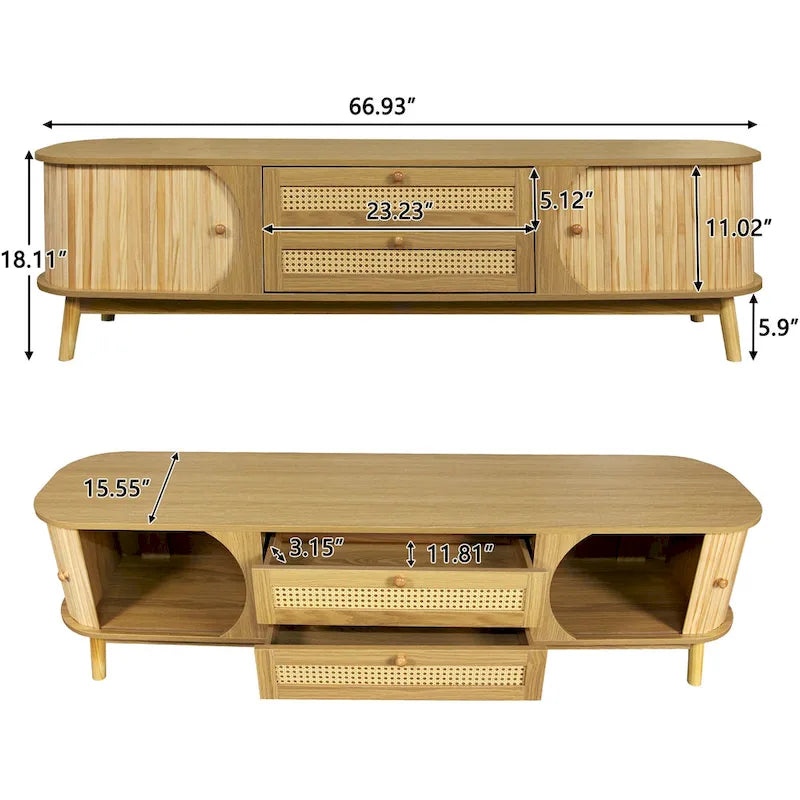 Meuble TV en bois naturel / blanc / rotin marron pour téléviseurs jusqu'à 75 pouces