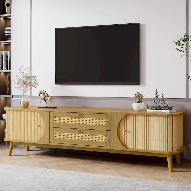 Meuble TV en bois naturel / blanc / rotin marron pour téléviseurs jusqu'à 75 pouces