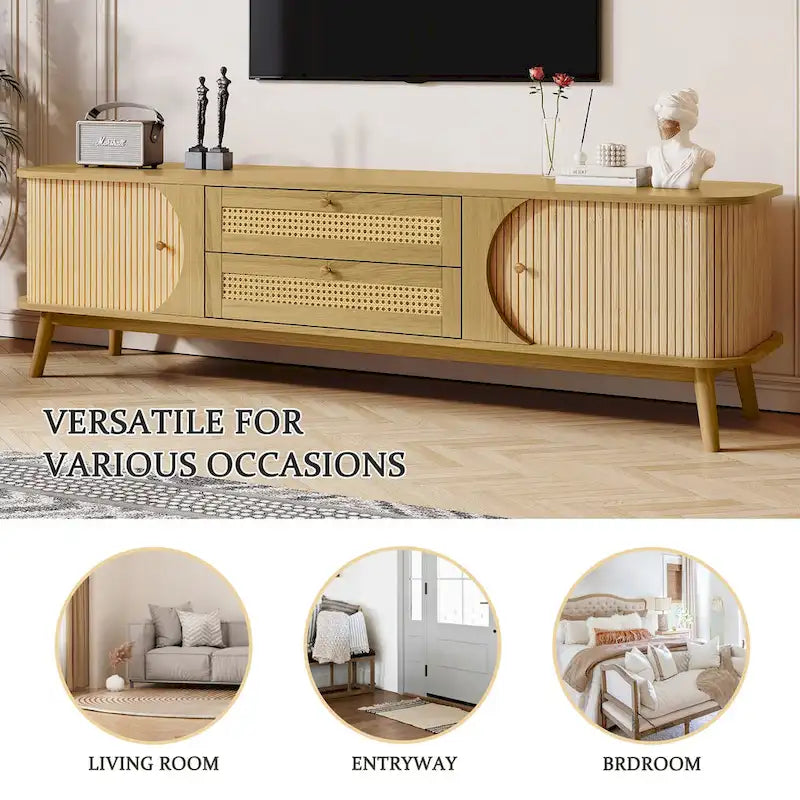 Meuble TV en bois naturel / blanc / rotin marron pour téléviseurs jusqu'à 75 pouces