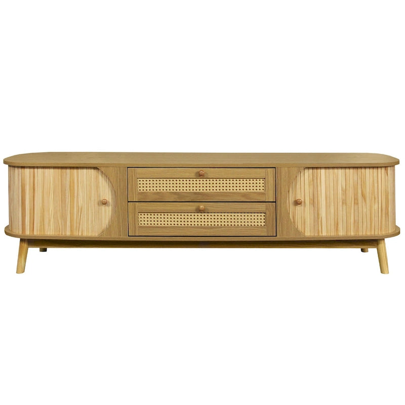 Meuble TV en bois naturel / blanc / rotin marron pour téléviseurs jusqu'à 75 pouces
