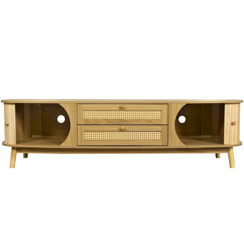 Meuble TV en bois naturel / blanc / rotin marron pour téléviseurs jusqu'à 75 pouces