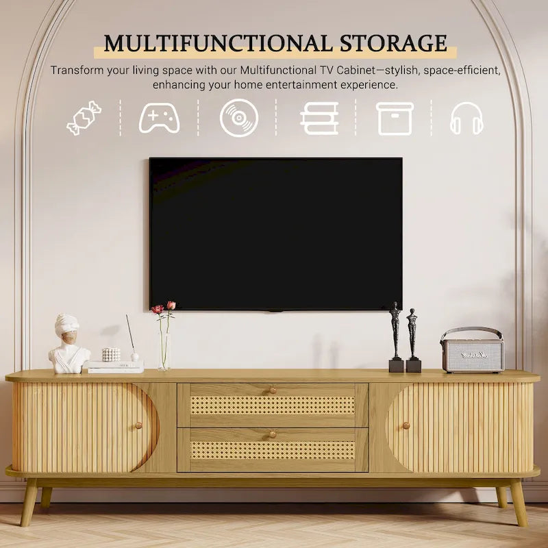 Meuble TV en bois naturel / blanc / rotin marron pour téléviseurs jusqu'à 75 pouces