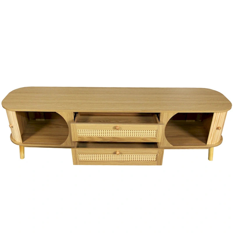 Meuble TV en bois naturel / blanc / rotin marron pour téléviseurs jusqu'à 75 pouces