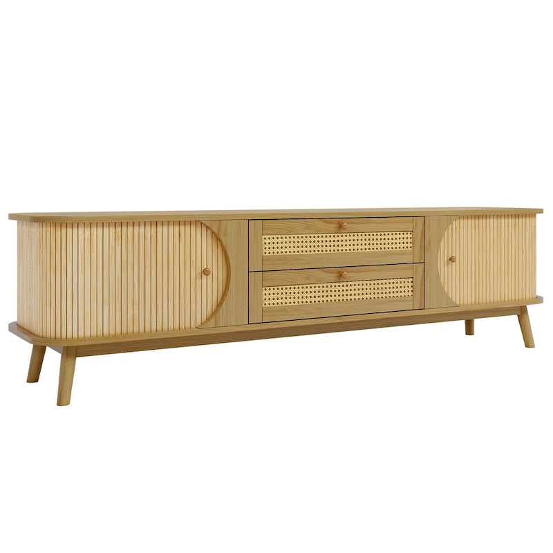 Meuble TV en bois naturel / blanc / rotin marron pour téléviseurs jusqu'à 75 pouces