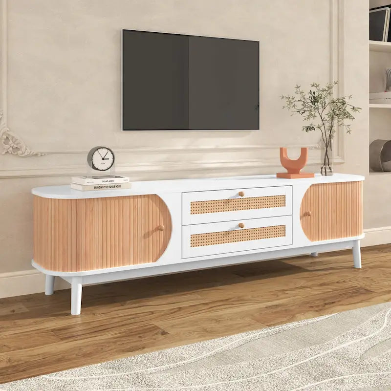 Meuble TV en bois naturel / blanc / rotin marron pour téléviseurs jusqu'à 75 pouces
