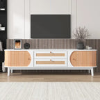 Meuble TV en bois naturel / blanc / rotin marron pour téléviseurs jusqu'à 75 pouces