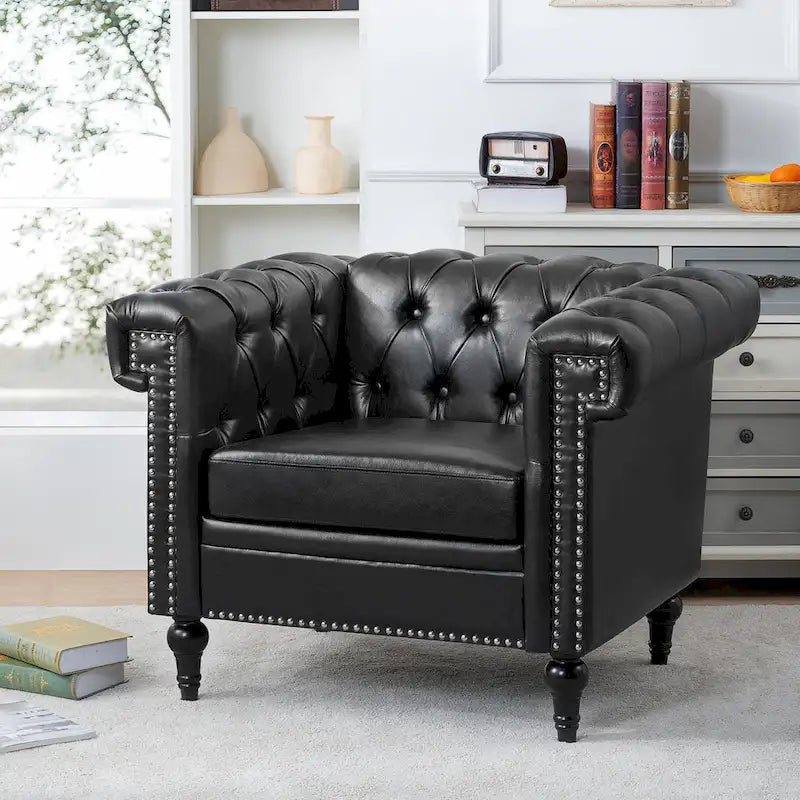 Fauteuil d'appoint capitonné en similicuir noir avec clous de tapissier pour 1 personne