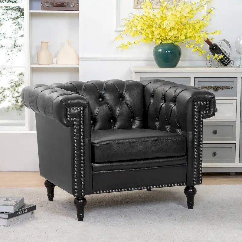 Fauteuil d'appoint capitonné en similicuir noir avec clous de tapissier pour 1 personne