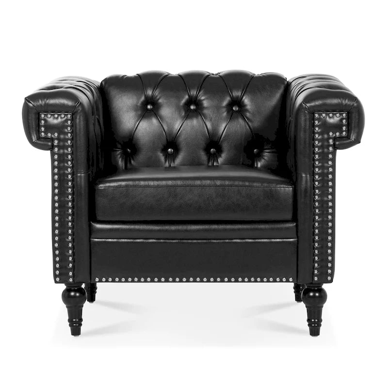Fauteuil d'appoint capitonné en similicuir noir avec clous de tapissier pour 1 personne