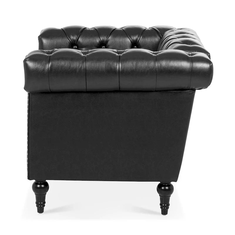 Fauteuil d'appoint capitonné en similicuir noir avec clous de tapissier pour 1 personne