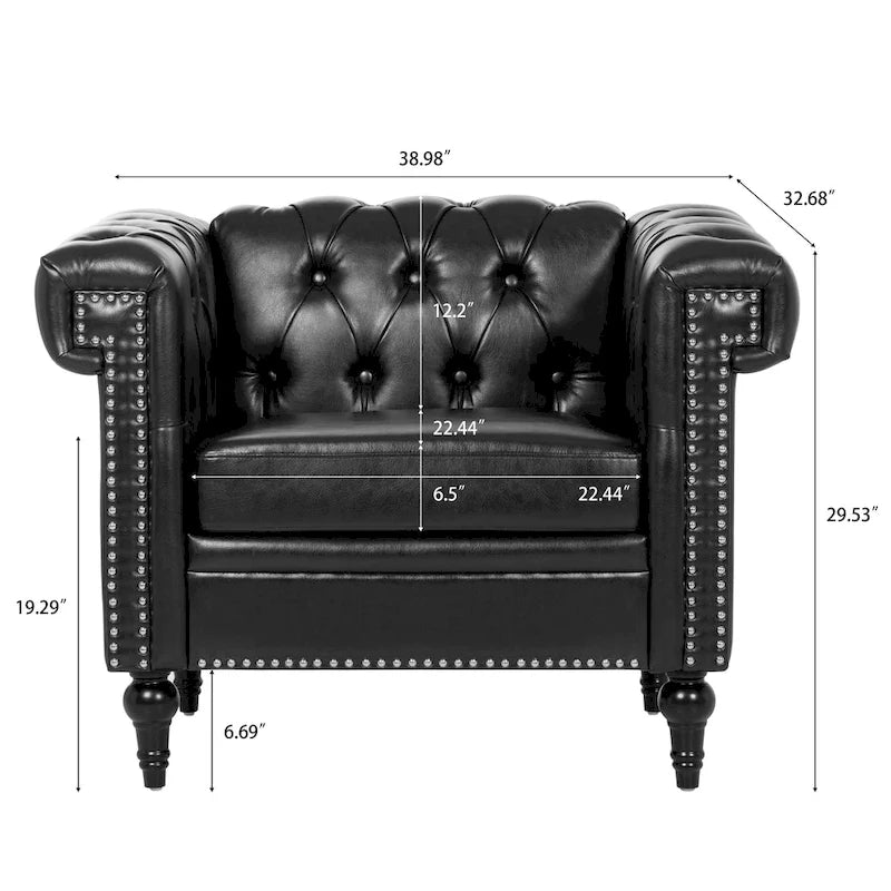 Fauteuil d'appoint capitonné en similicuir noir avec clous de tapissier pour 1 personne