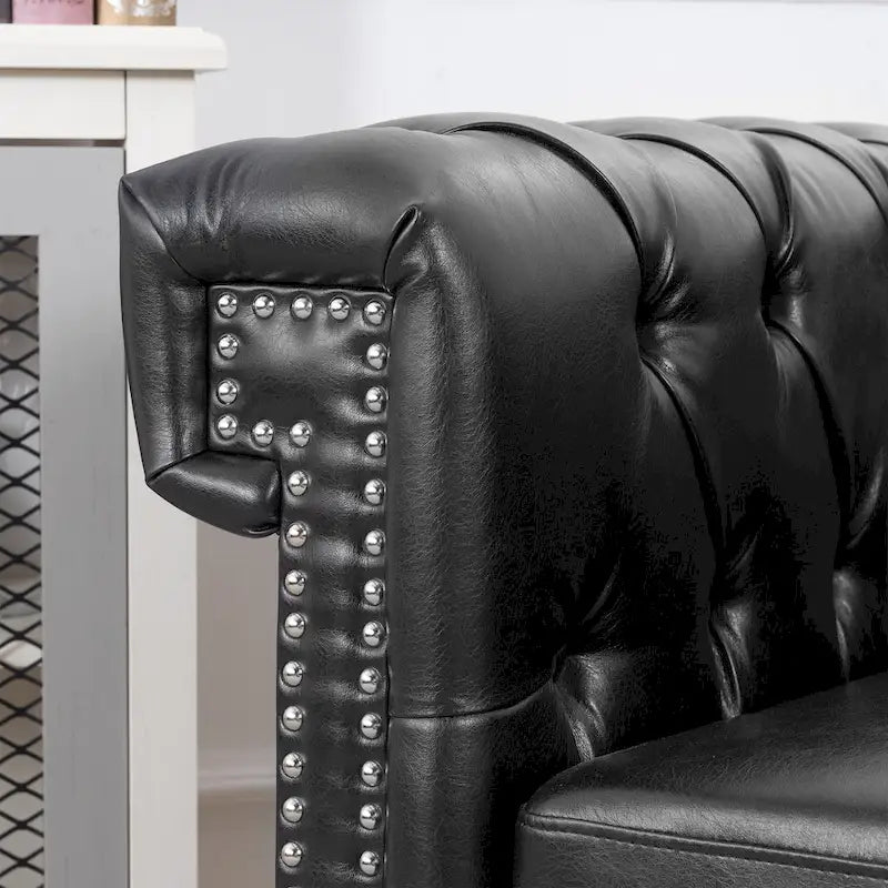 Fauteuil d'appoint capitonné en similicuir noir avec clous de tapissier pour 1 personne