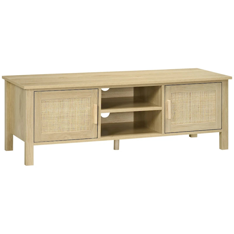 Meuble TV en bois naturel et rotin style bohème pour téléviseurs jusqu'à 60 pouces