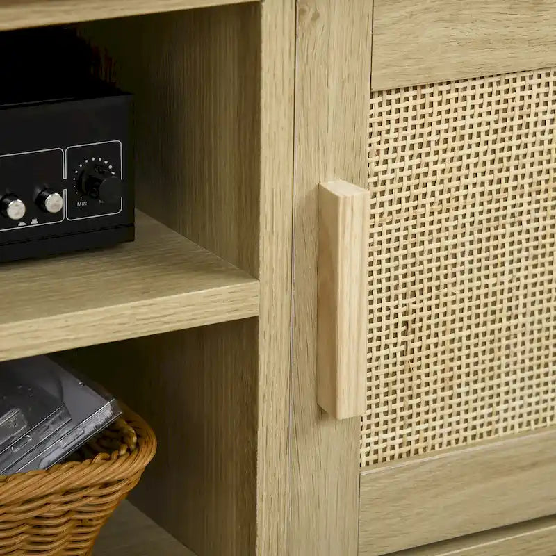 Meuble TV en bois naturel et rotin style bohème pour téléviseurs jusqu'à 60 pouces