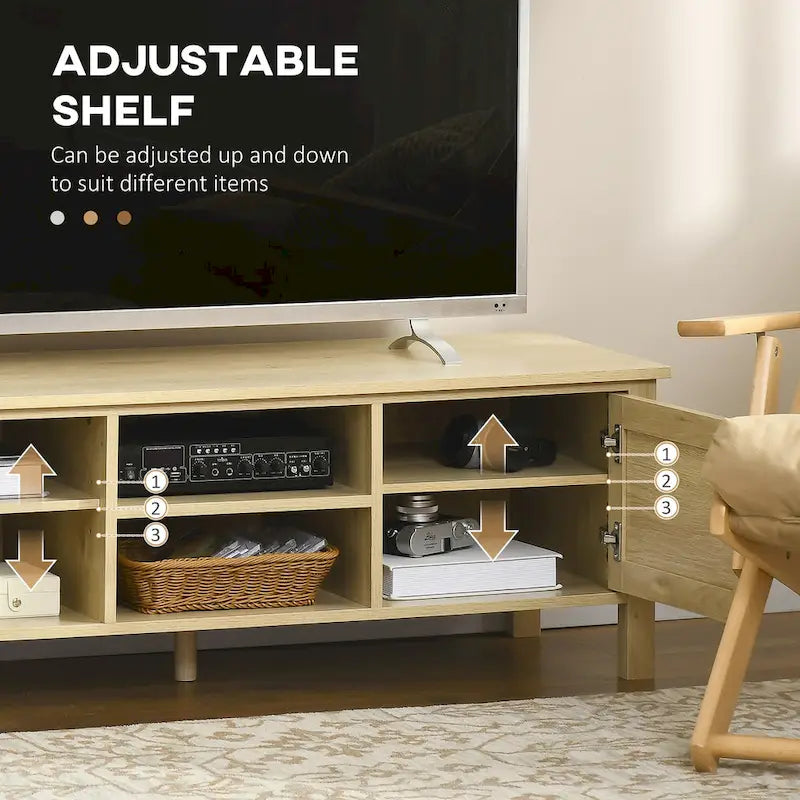 Meuble TV en bois naturel et rotin style bohème pour téléviseurs jusqu'à 60 pouces