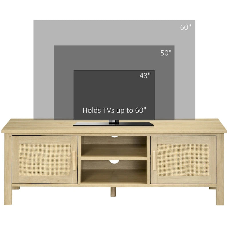 Meuble TV en bois naturel et rotin style bohème pour téléviseurs jusqu'à 60 pouces