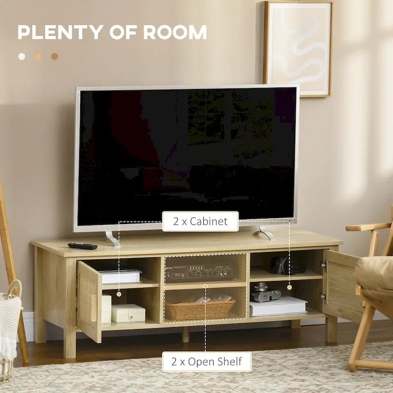 Meuble TV en bois naturel et rotin style bohème pour téléviseurs jusqu'à 60 pouces