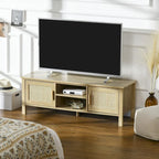 Meuble TV en bois naturel et rotin style bohème pour téléviseurs jusqu'à 60 pouces
