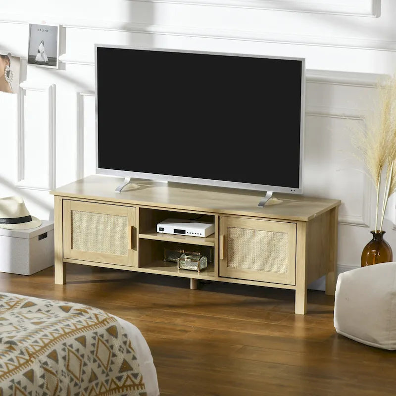 Meuble TV en bois naturel et rotin style bohème pour téléviseurs jusqu'à 60 pouces