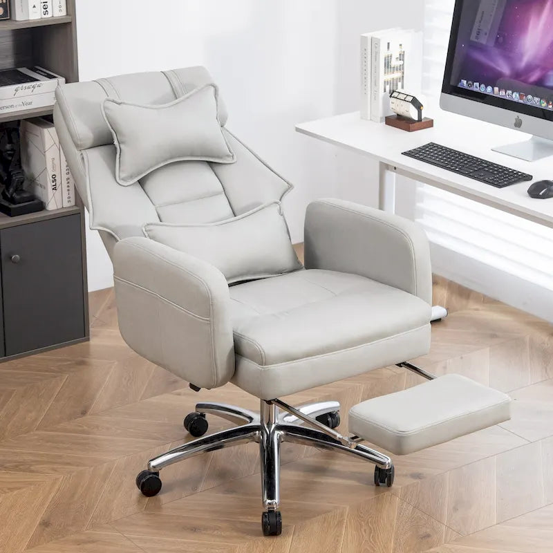 Fauteuil de bureau inclinable en similicuir gris clair avec repose-pieds escamotable et support lombaire pour 1