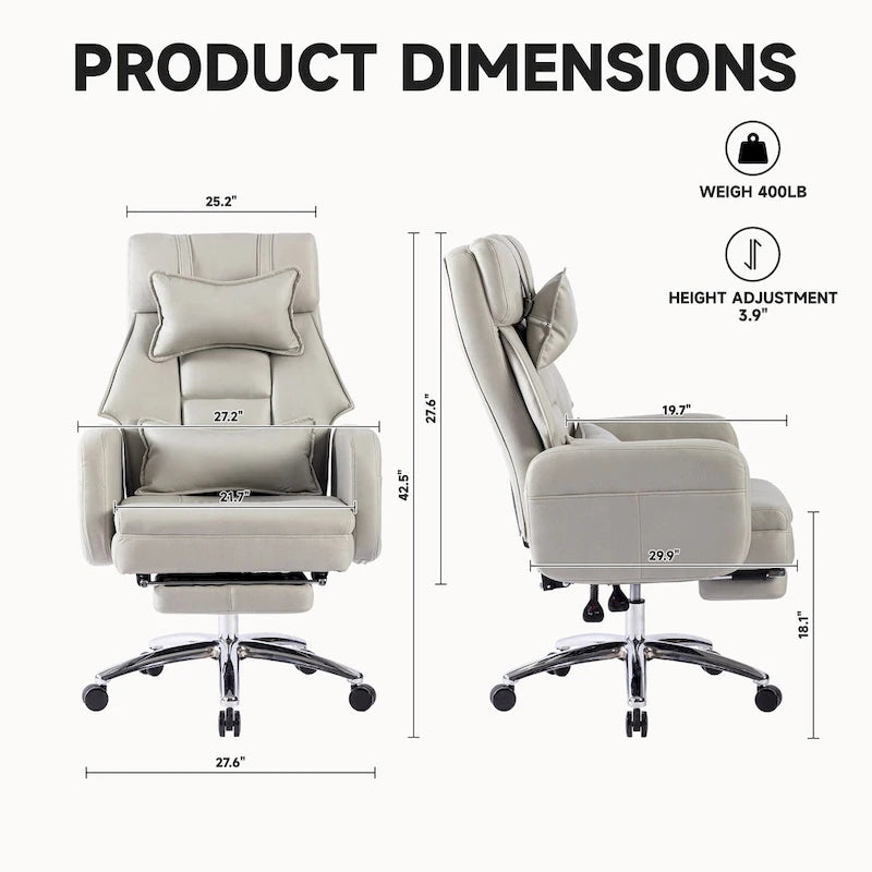 Fauteuil de bureau inclinable en similicuir gris clair avec repose-pieds escamotable et support lombaire pour 1