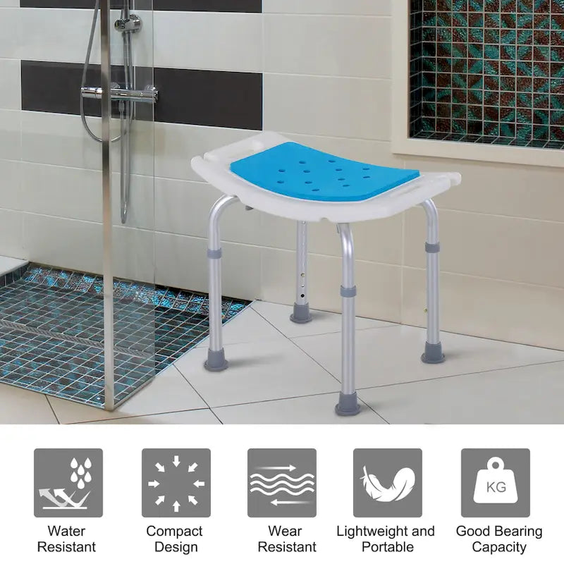 Chaise de douche réglable – Bleue, aluminium et plastique, tabouret de bain antidérapant, 1 utilisateur