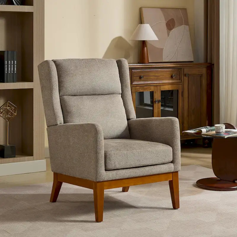 Fauteuil d'appoint à oreilles – Taupe, Moderne, Dossier haut, Polyester et bois massif, Une place