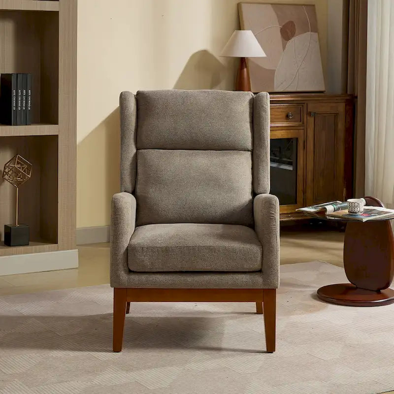 Fauteuil d'appoint à oreilles – Taupe, Moderne, Dossier haut, Polyester et bois massif, Une place