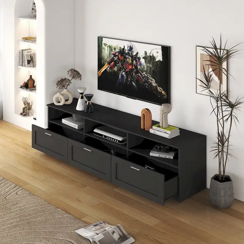 Meuble TV avec 3 étagères ouvertes et 3 tiroirs – Noir/Blanc, Panneau de densité minimaliste moderne, 1 à 2 utilisateurs