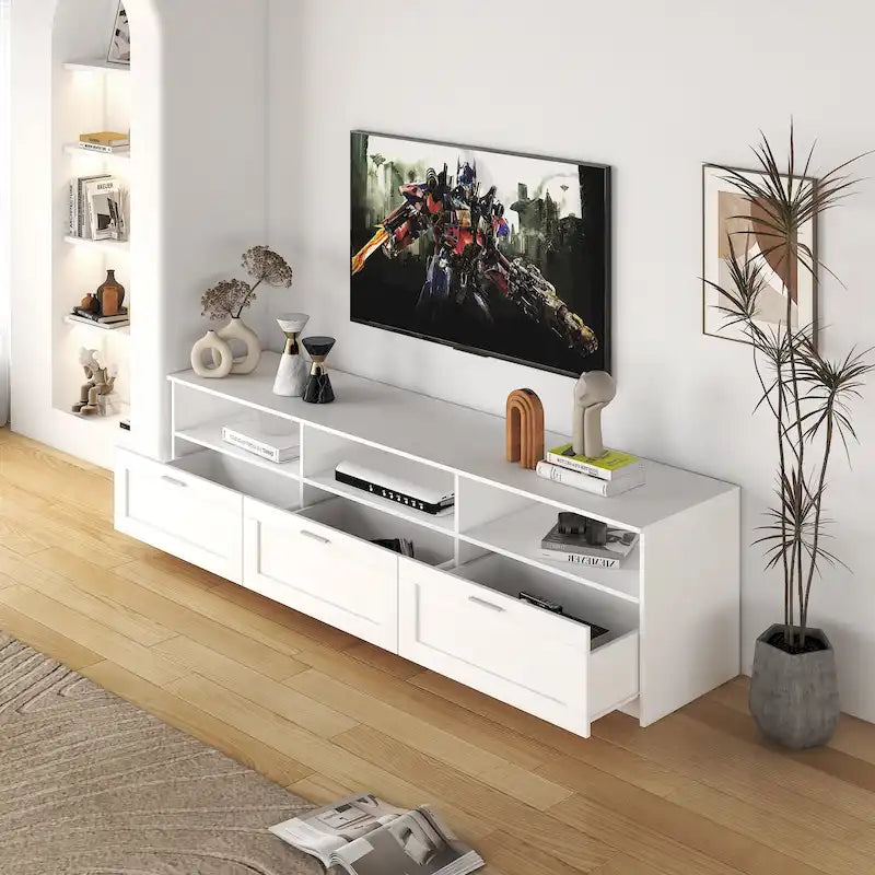 Meuble TV avec 3 étagères ouvertes et 3 tiroirs – Noir/Blanc, Panneau de densité minimaliste moderne, 1 à 2 utilisateurs