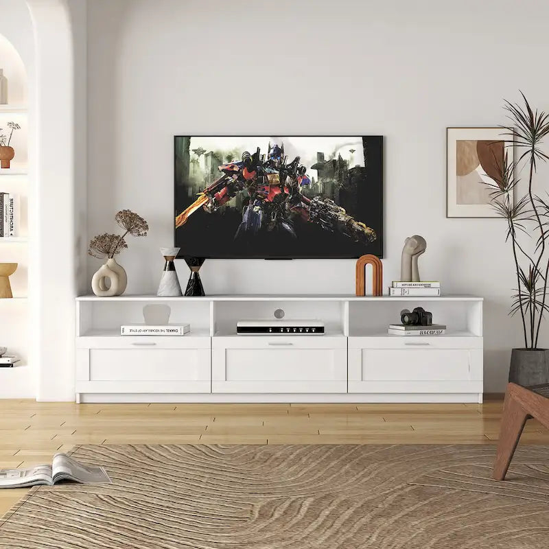 Meuble TV avec 3 étagères ouvertes et 3 tiroirs – Noir/Blanc, Panneau de densité minimaliste moderne, 1 à 2 utilisateurs