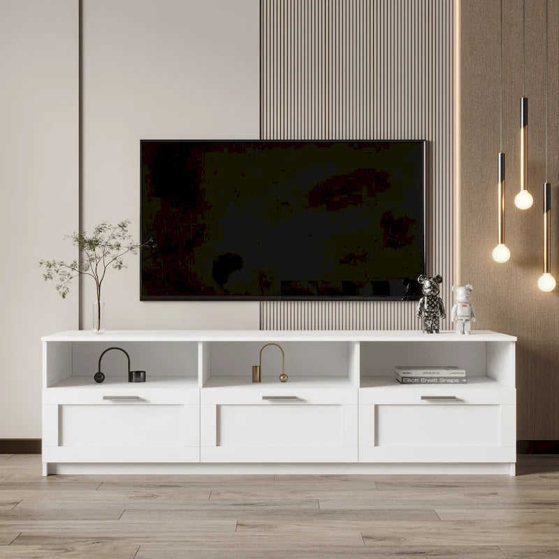 Meuble TV avec 3 étagères ouvertes et 3 tiroirs – Noir/Blanc, Panneau de densité minimaliste moderne, 1 à 2 utilisateurs