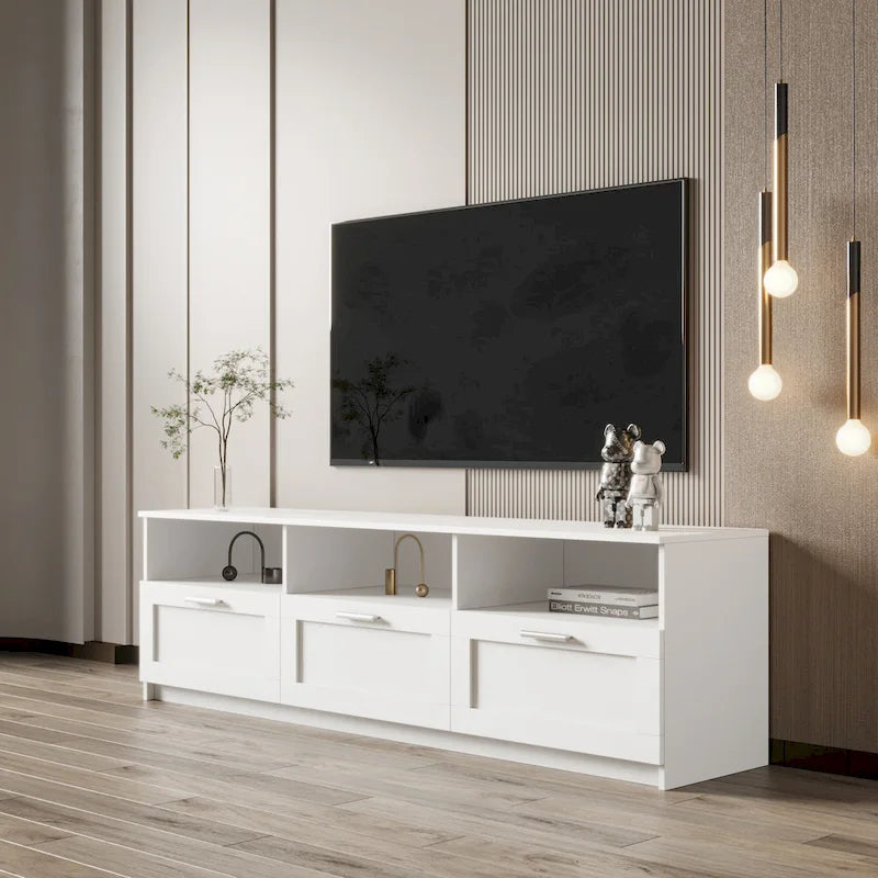 Meuble TV avec 3 étagères ouvertes et 3 tiroirs – Noir/Blanc, Panneau de densité minimaliste moderne, 1 à 2 utilisateurs