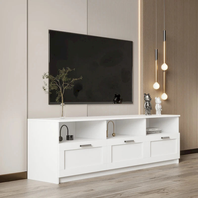 Meuble TV avec 3 étagères ouvertes et 3 tiroirs – Noir/Blanc, Panneau de densité minimaliste moderne, 1 à 2 utilisateurs
